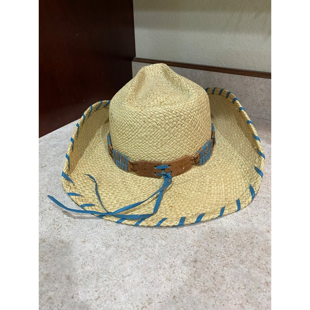 Bullhide Del Mar Straw Cowboy Hat W/Turquoise Accent & Leather Trimmed Band West - Picture 7 of 9